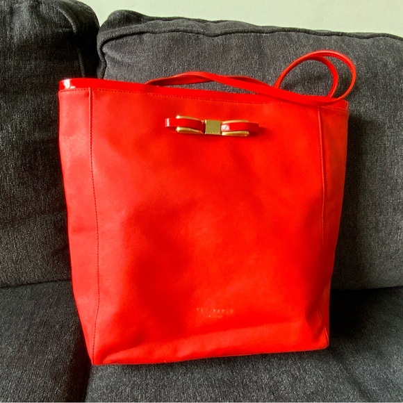 Ted Baker London Handbags - Ted Baker London Red Orange Tote Bag with Gold Bow patent leather trim
